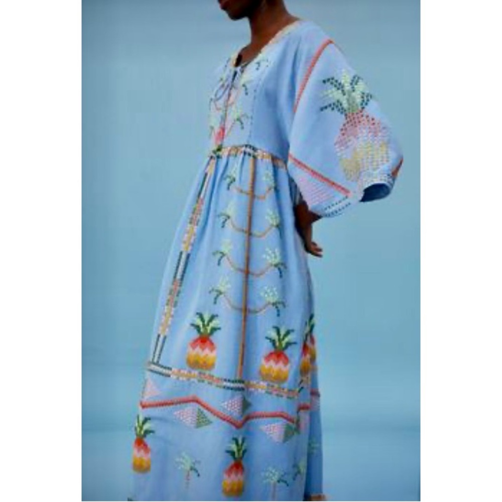 NEW FARM Rio Embroidered Pineapple Maxi Dress Beaded Tassel Linen Blue Size M - Picture 2 of 16